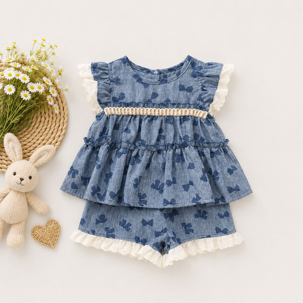 Dusty Blue Floral Tiered Dress with Belt