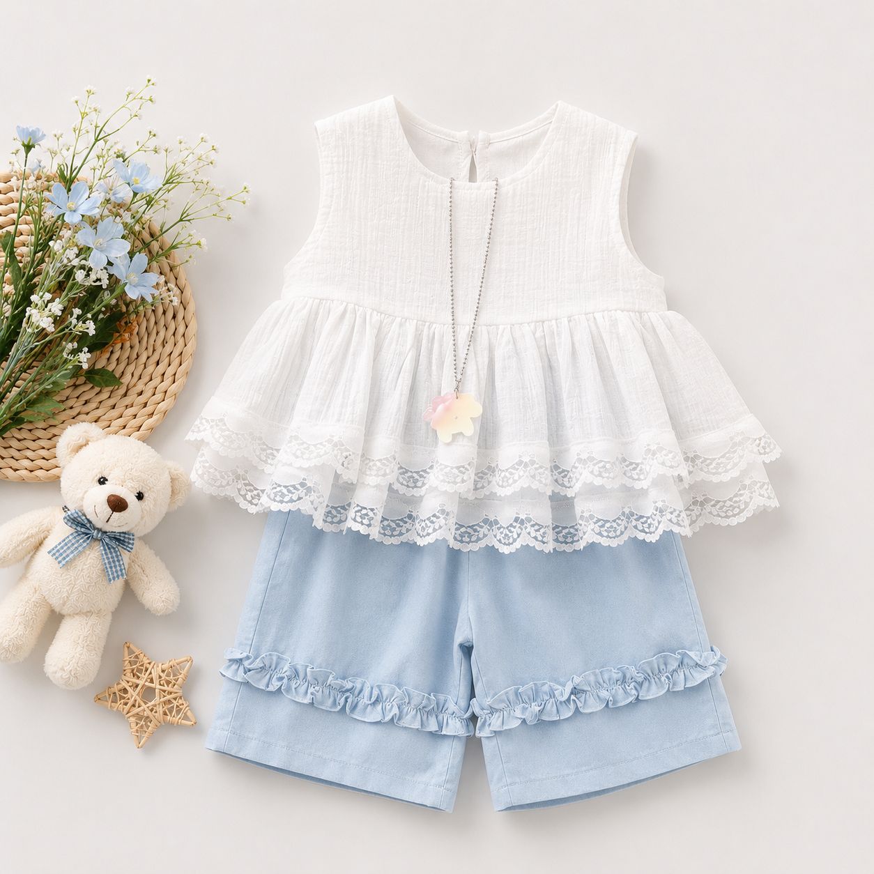 Eyelet Lace Top & Shorts Set, Pink & Blue