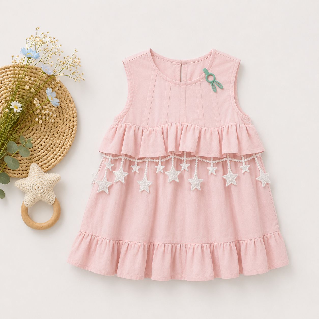 Star Embellished Tiered Top, Yellow & Pink