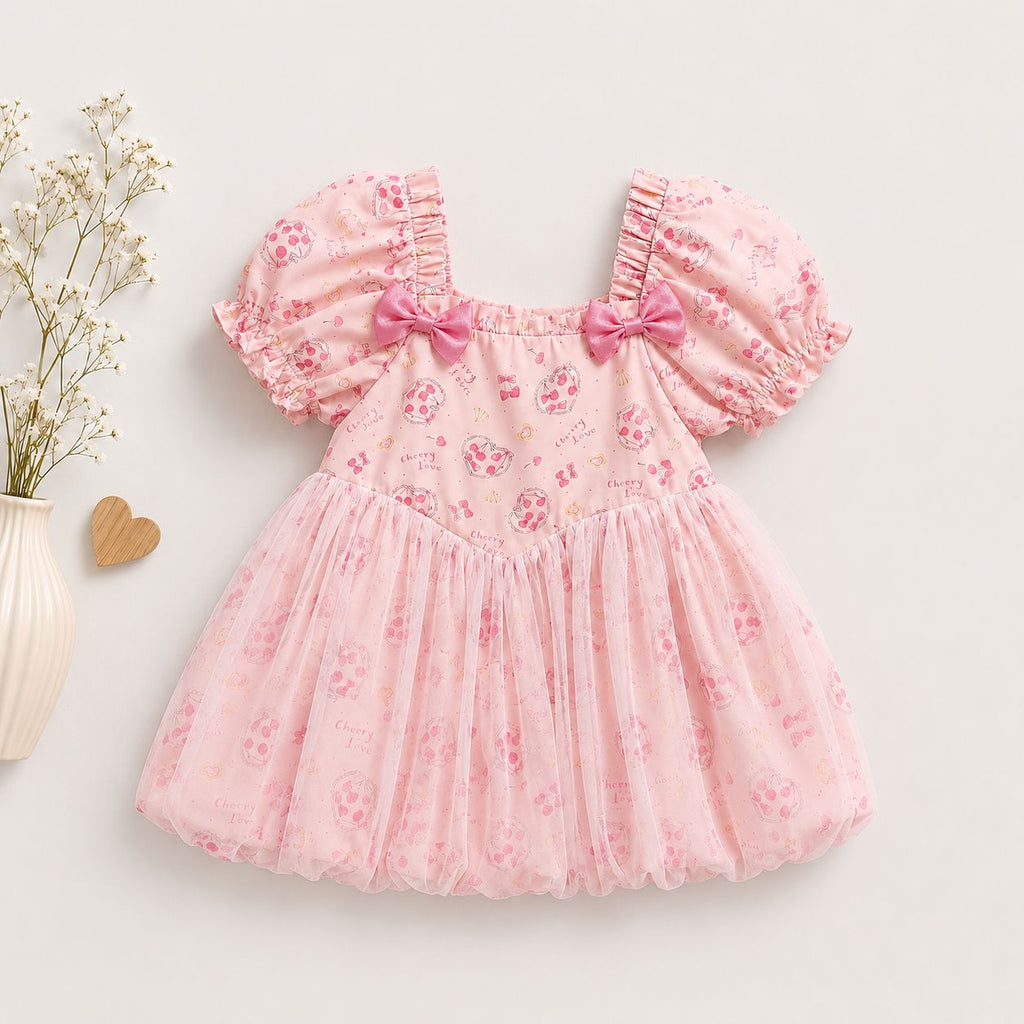 Pink Floral Puff Sleeve Dress with Bow