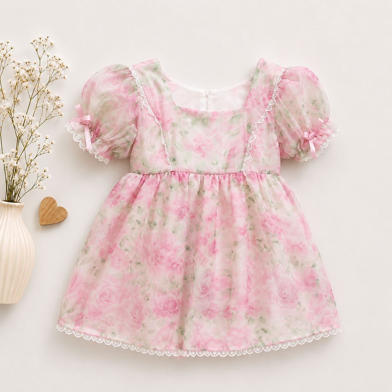 Pink Floral Puff Sleeve Frock for Girls