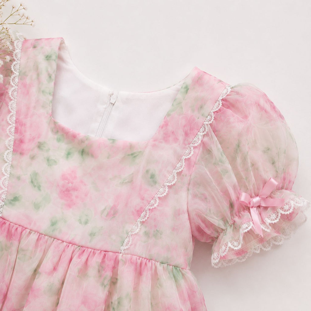 Pink Floral Puff Sleeve Frock for Girls