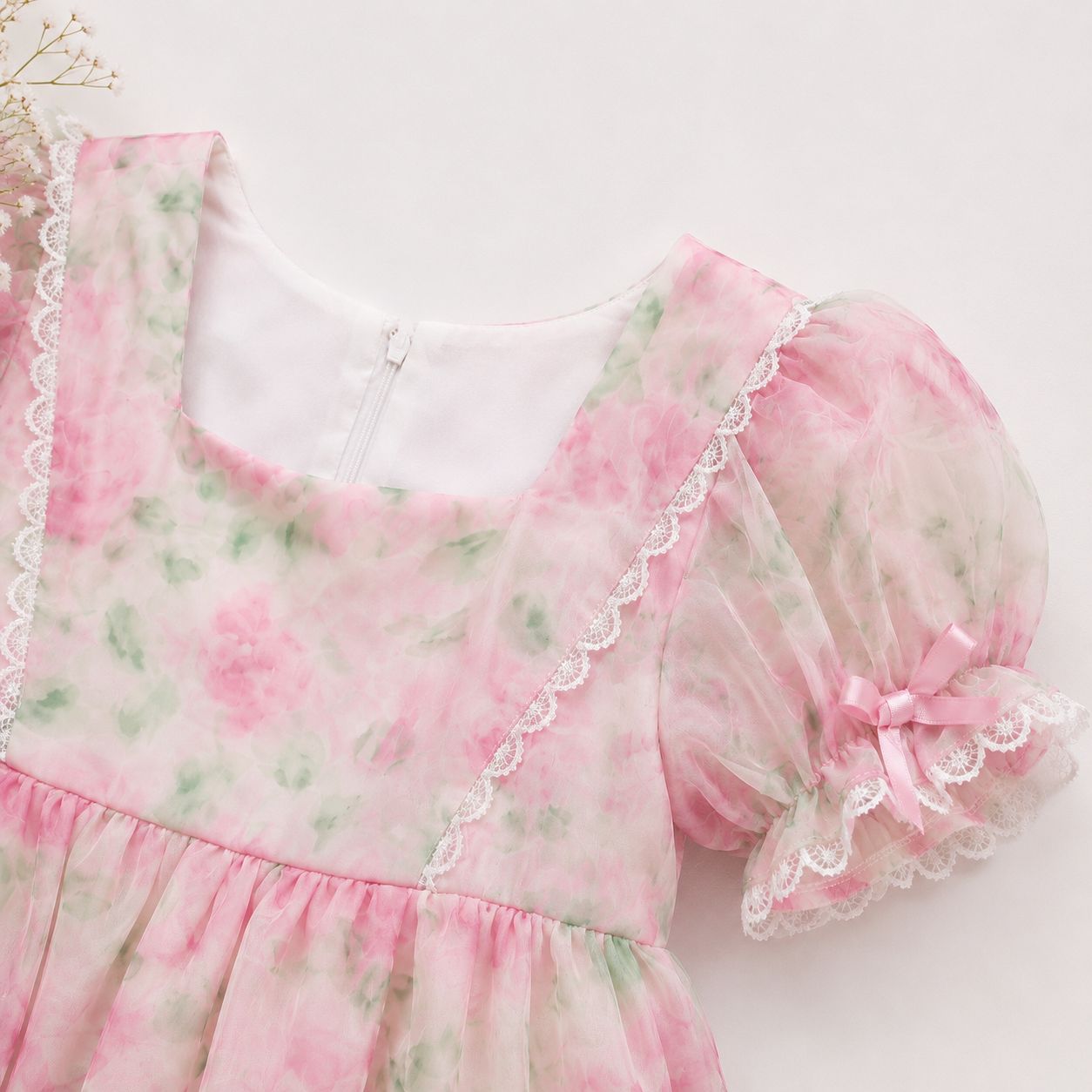 Pink Floral Puff Sleeve Frock for Girls