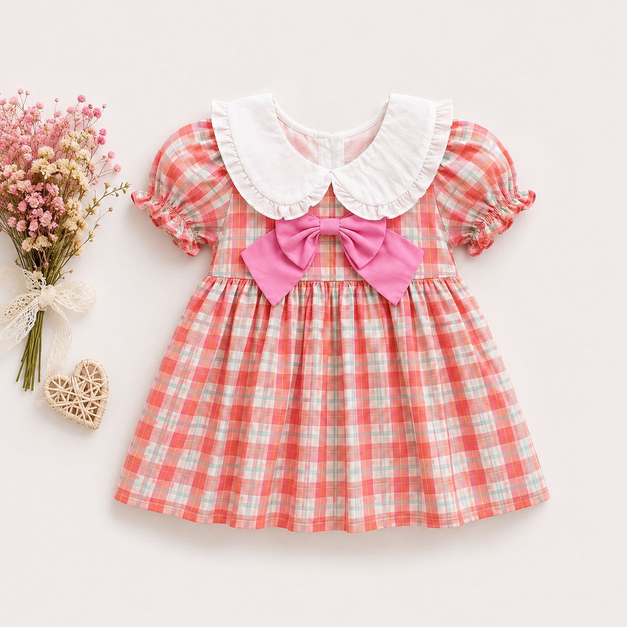 Plaid Puff Sleeve Dress with Peter Pan Collar