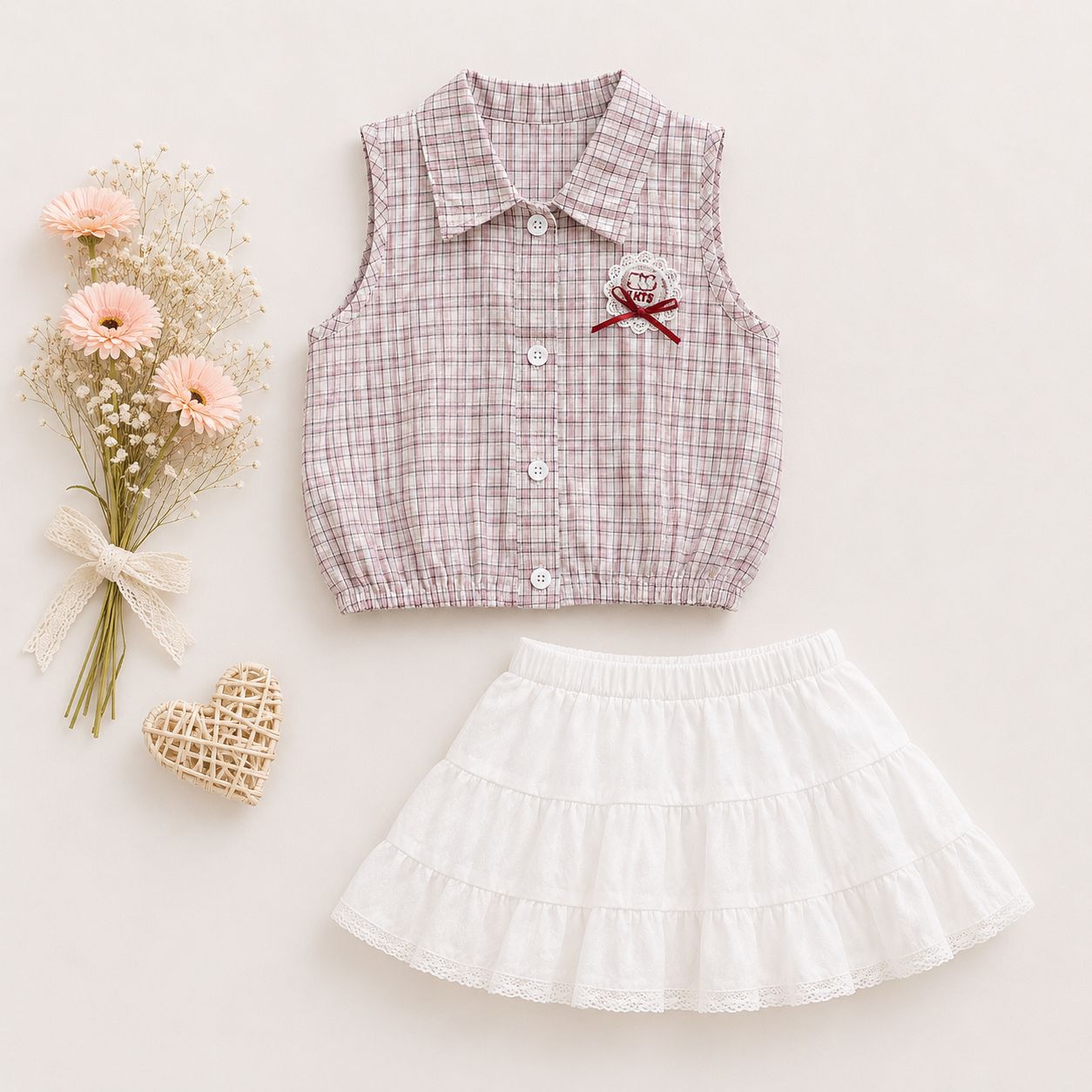 Pink Plaid Shirt & White Shorts Set