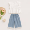 White Eyelet Top & Blue Pants Set