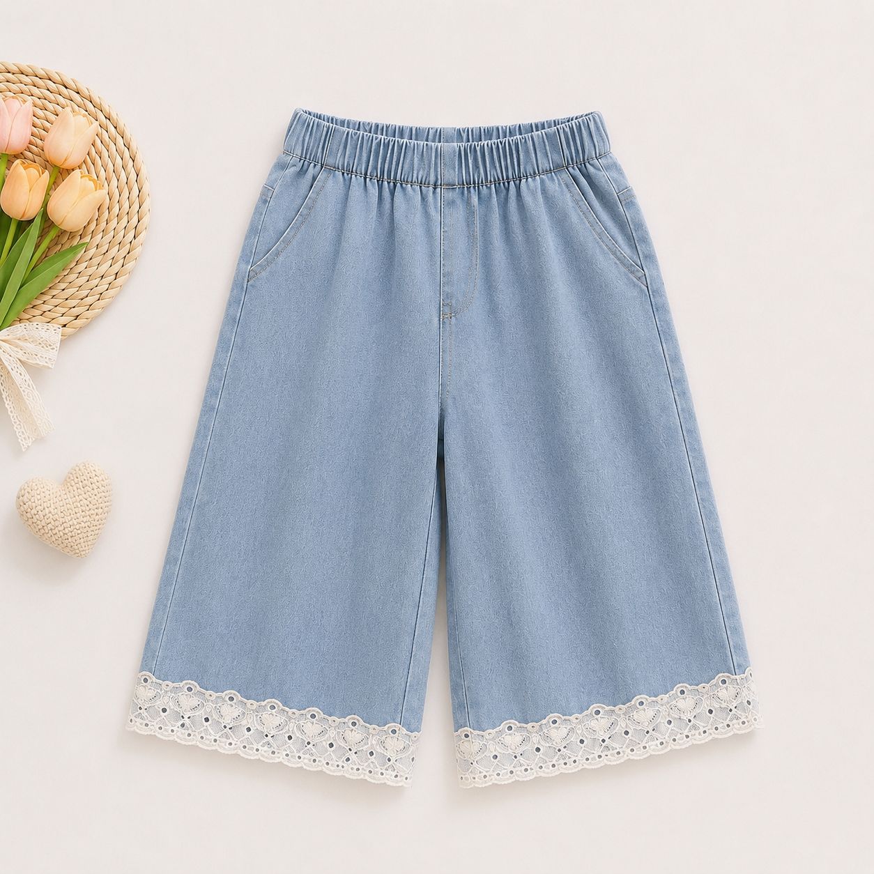 White Eyelet Top & Blue Pants Set