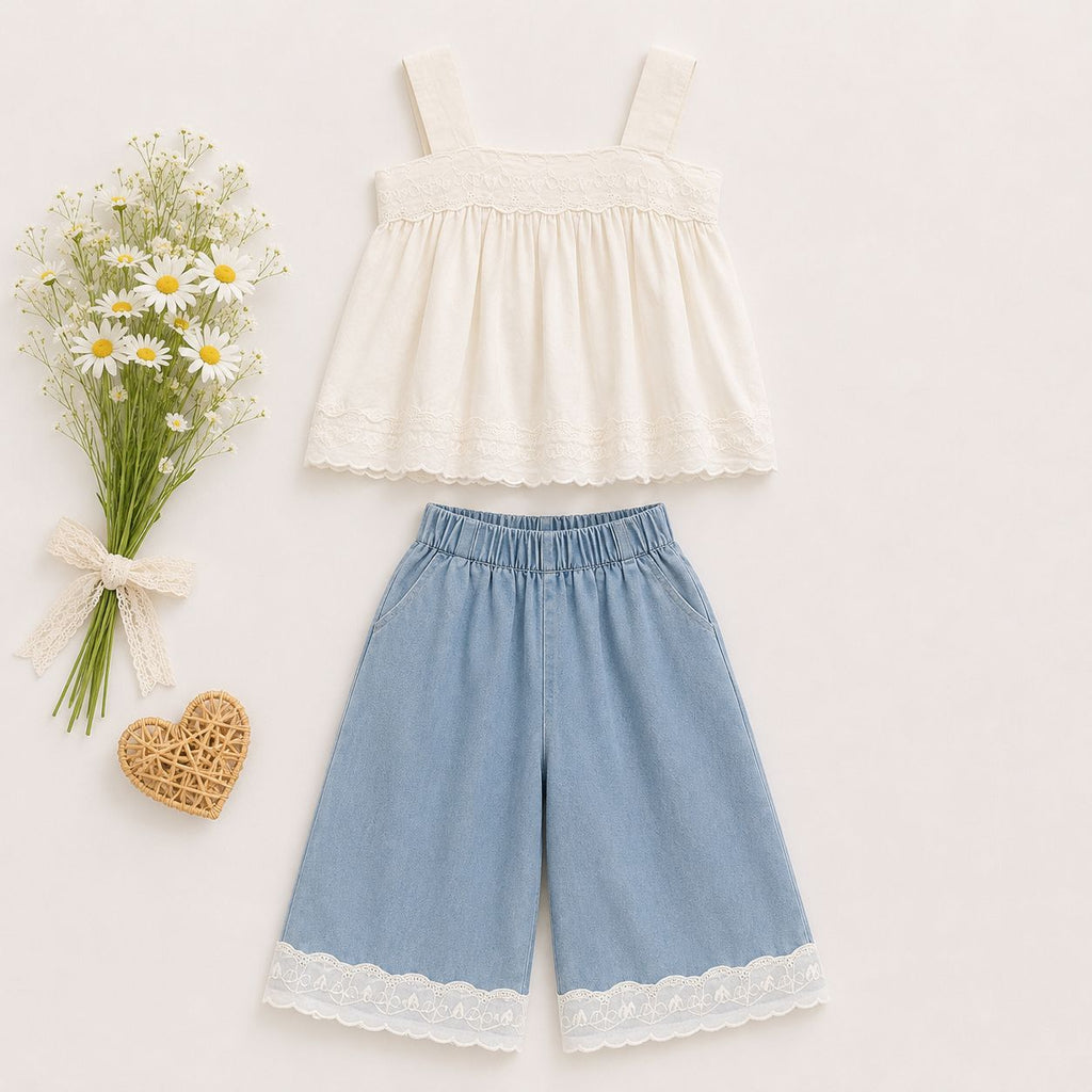 Cream Ruffle Top & Blue Lace Shorts Set