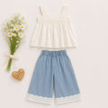 Cream Ruffle Top & Blue Lace Shorts Set