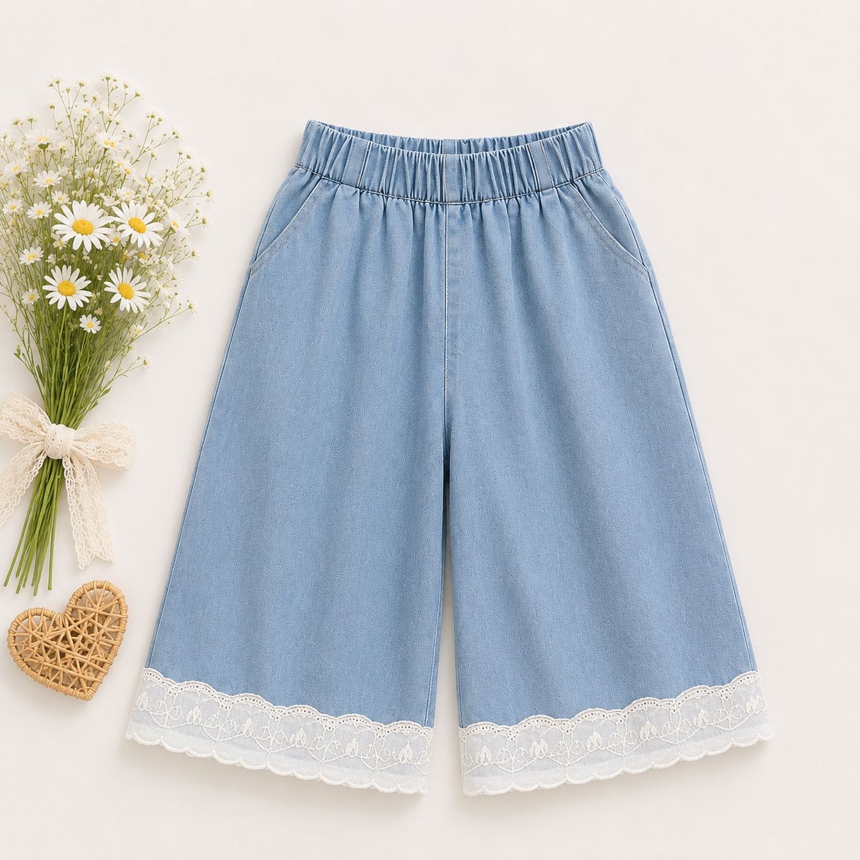 Cream Ruffle Top & Blue Lace Shorts Set