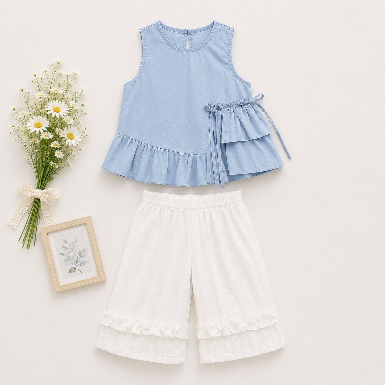 Blue Ruffle Top & White Lace Shorts Set