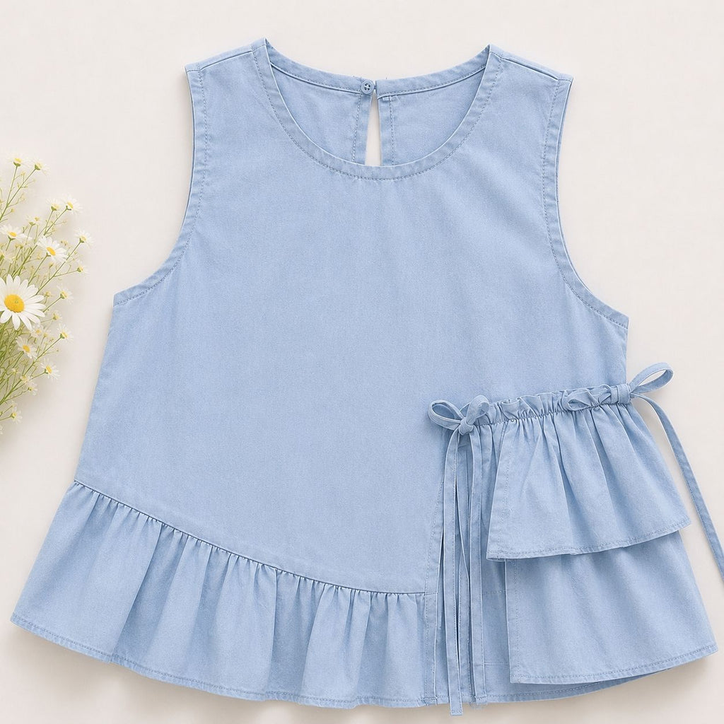 Blue Ruffle Top & White Lace Shorts Set