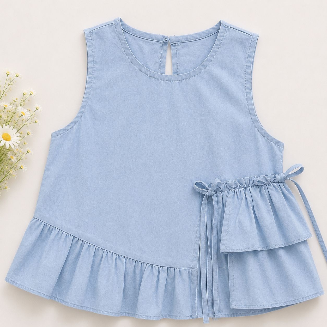 Blue Ruffle Top & White Lace Shorts Set