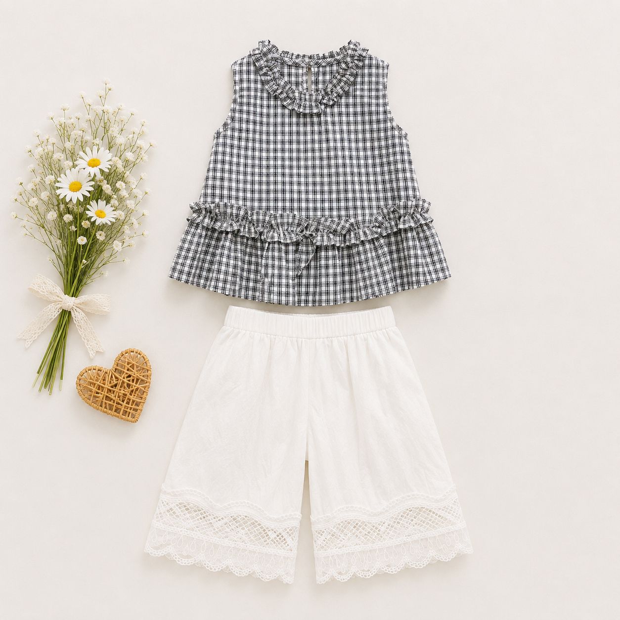 Gingham Ruffle Top & Lace Shorts Set