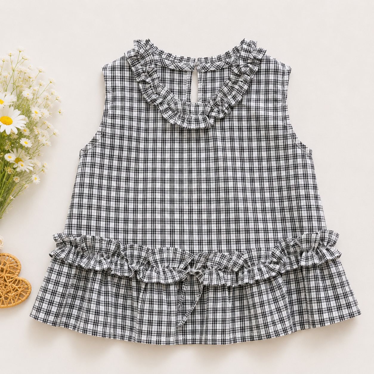 Gingham Ruffle Top & Lace Shorts Set