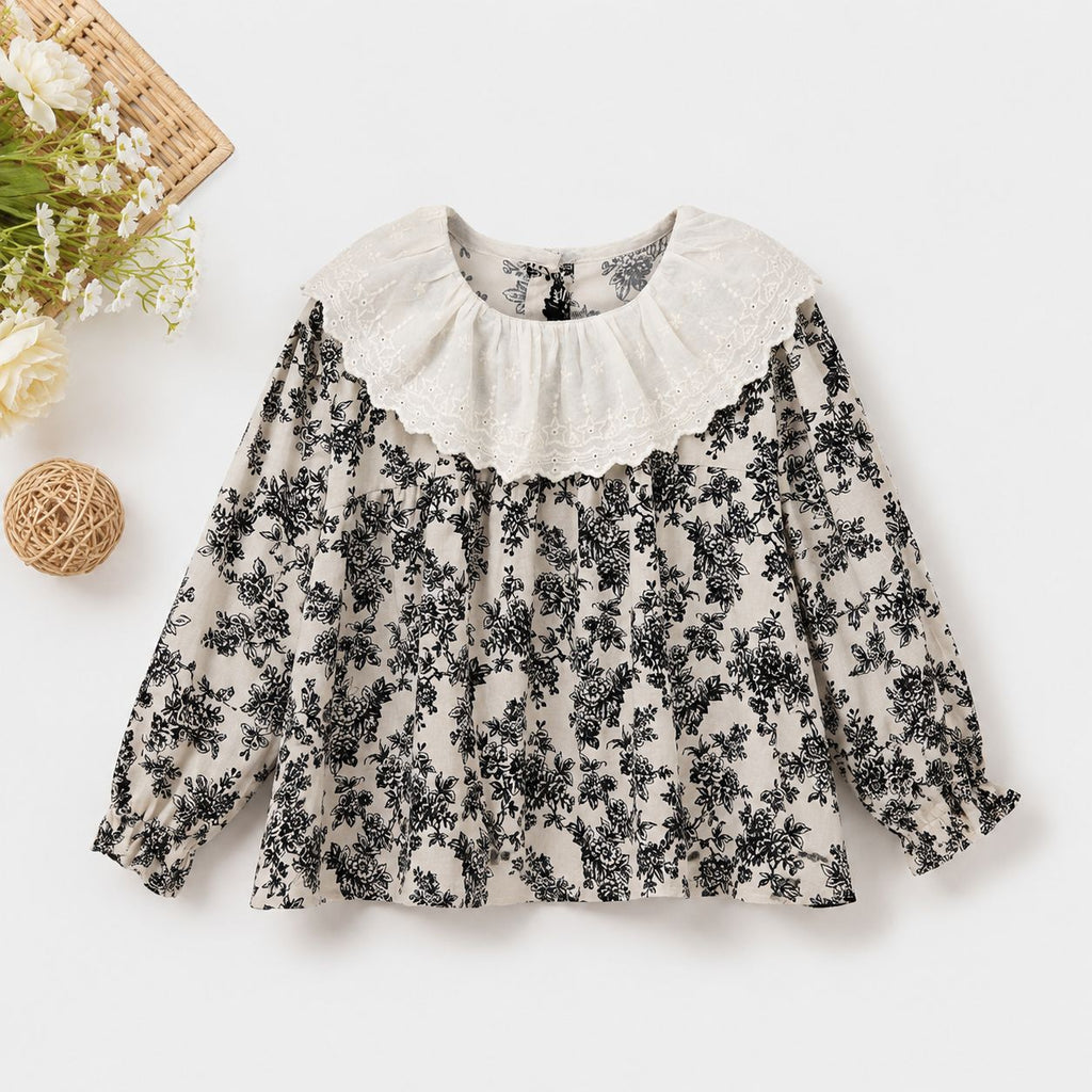 Cream Floral Blouse with Eyelet Lace Collar