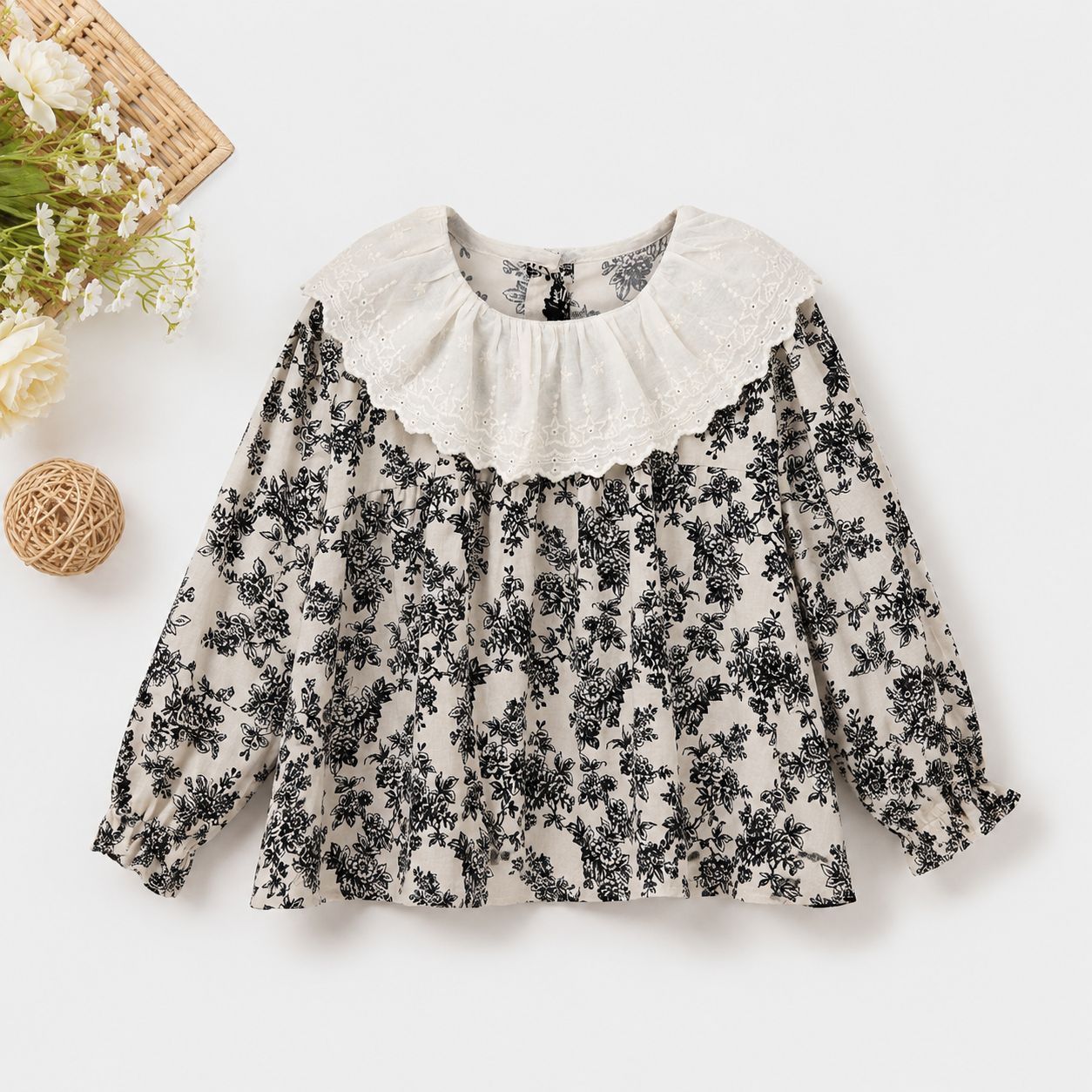 Cream Floral Blouse with Eyelet Lace Collar