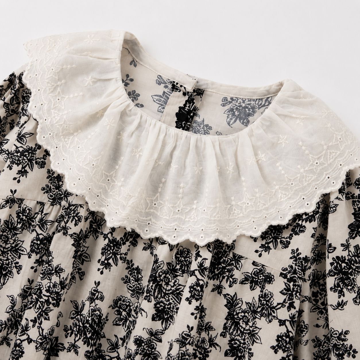 Cream Floral Blouse with Eyelet Lace Collar