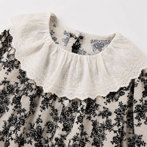 Cream Floral Blouse with Eyelet Lace Collar