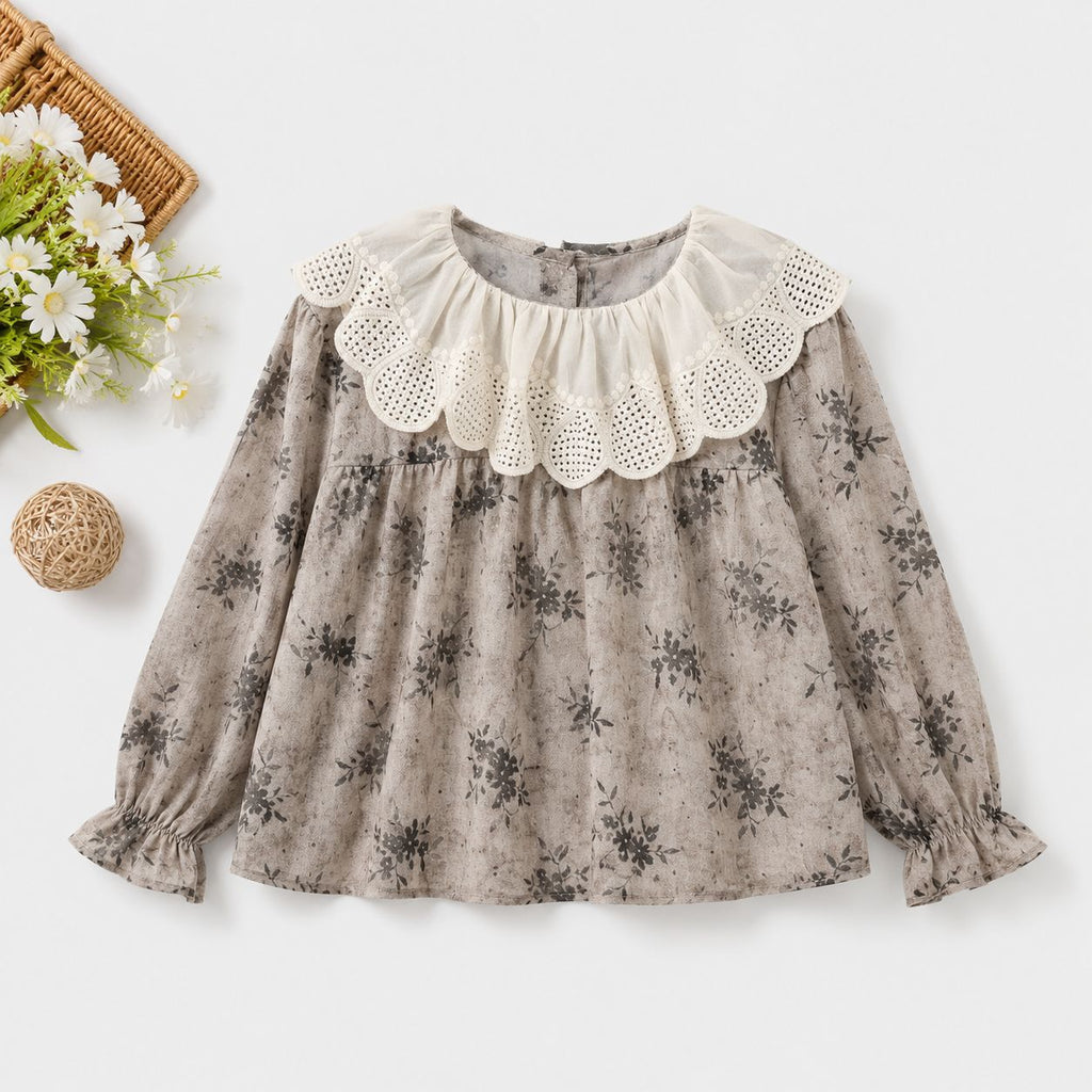 Brown Floral Blouse with Lace Ruffle Collar