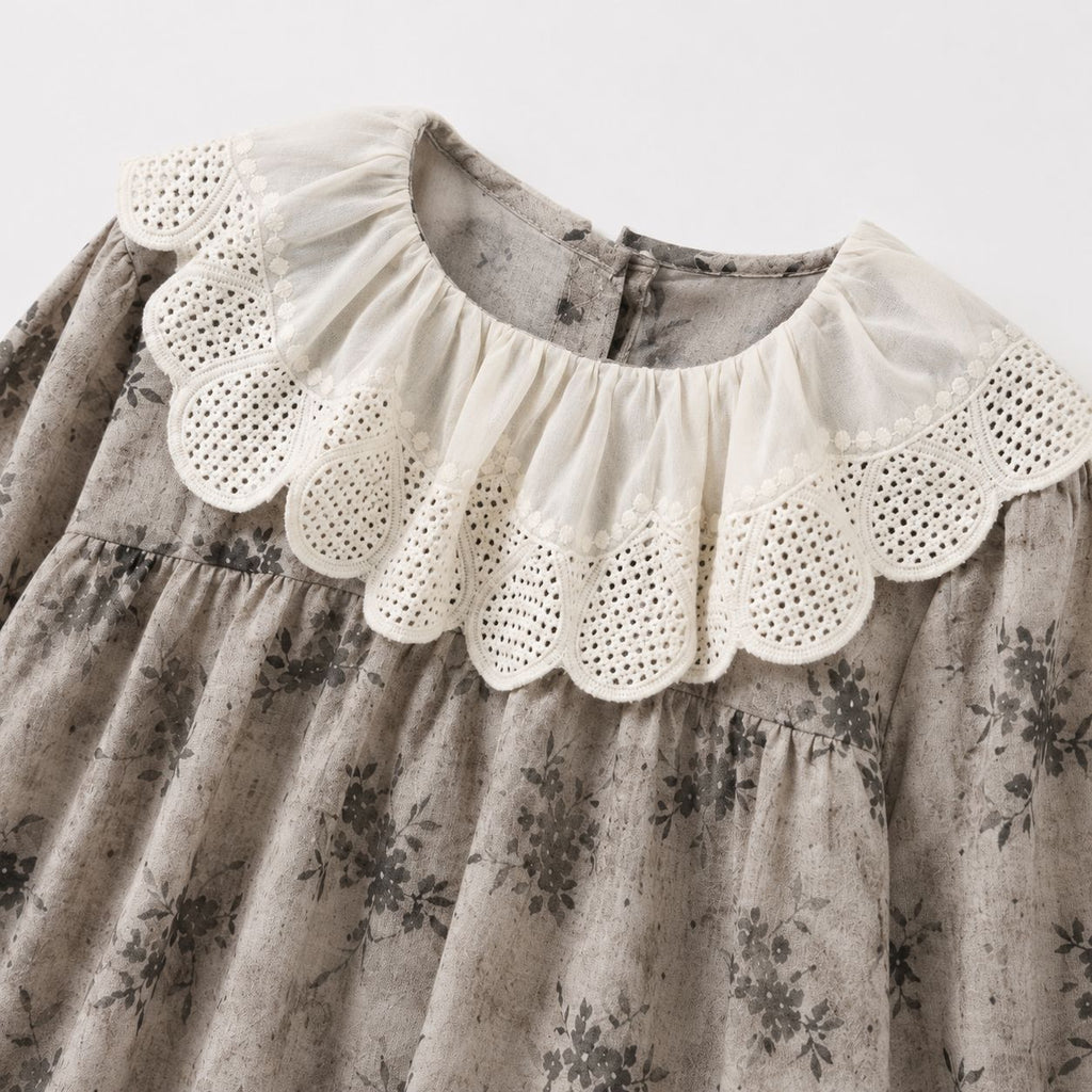 Brown Floral Blouse with Lace Ruffle Collar