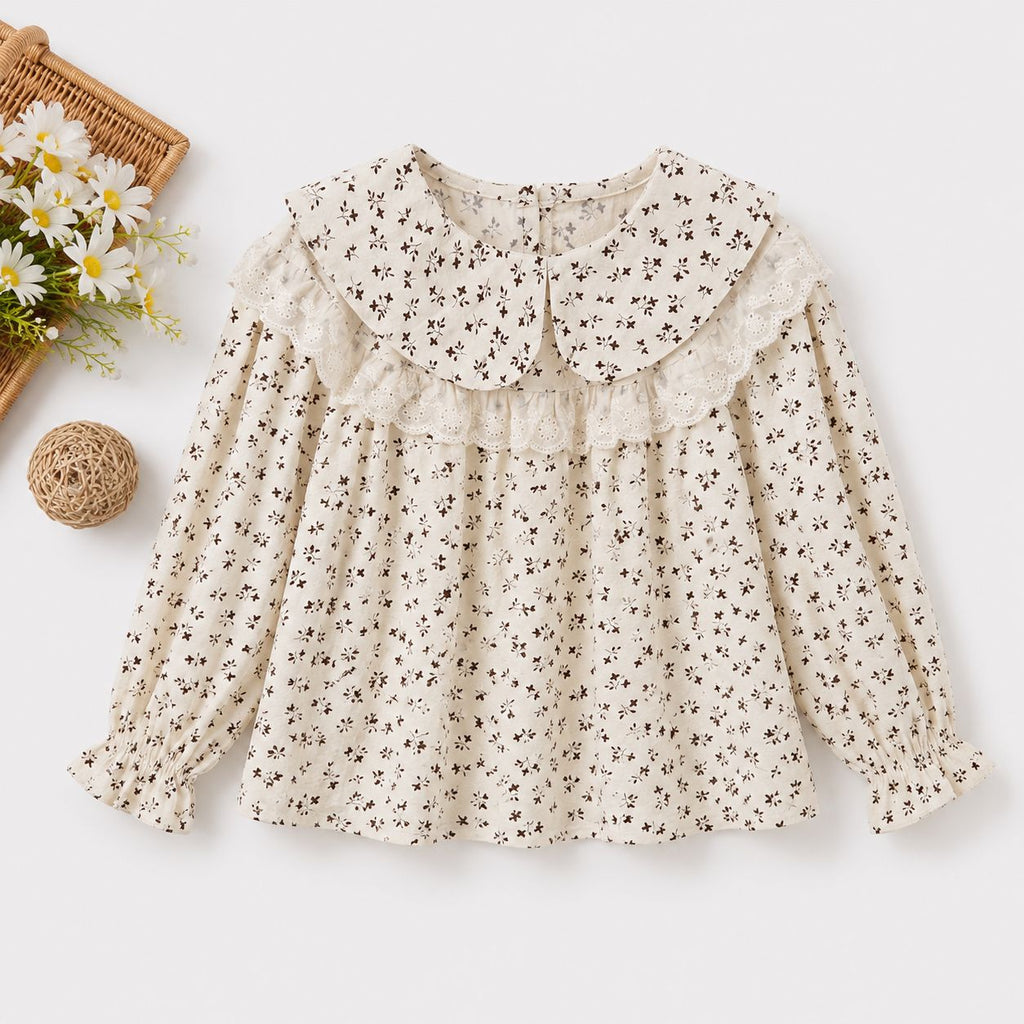 Cream Floral Print Blouse with Lace Collar