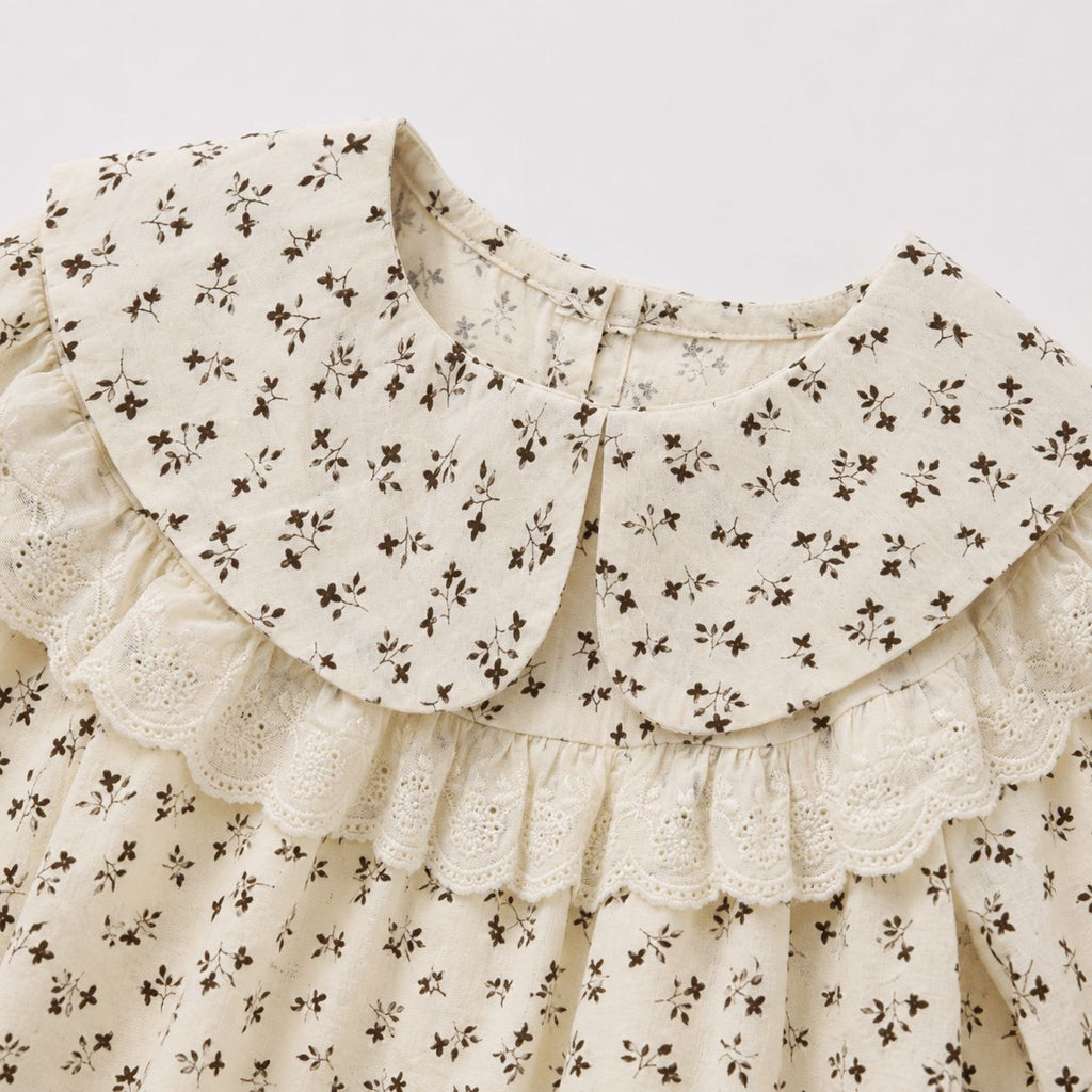Cream Floral Print Blouse with Lace Collar