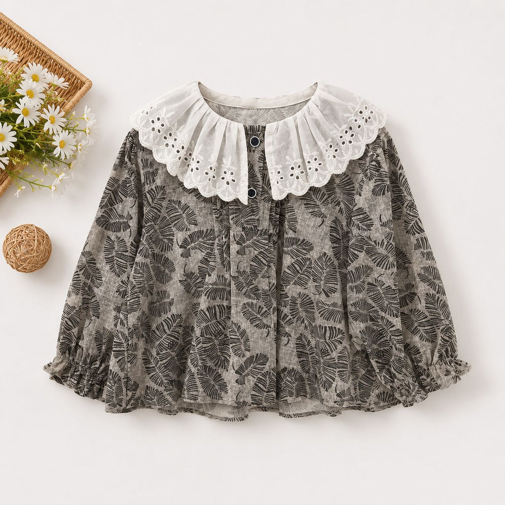 Grey Floral Blouse with Lace Ruffle Collar
