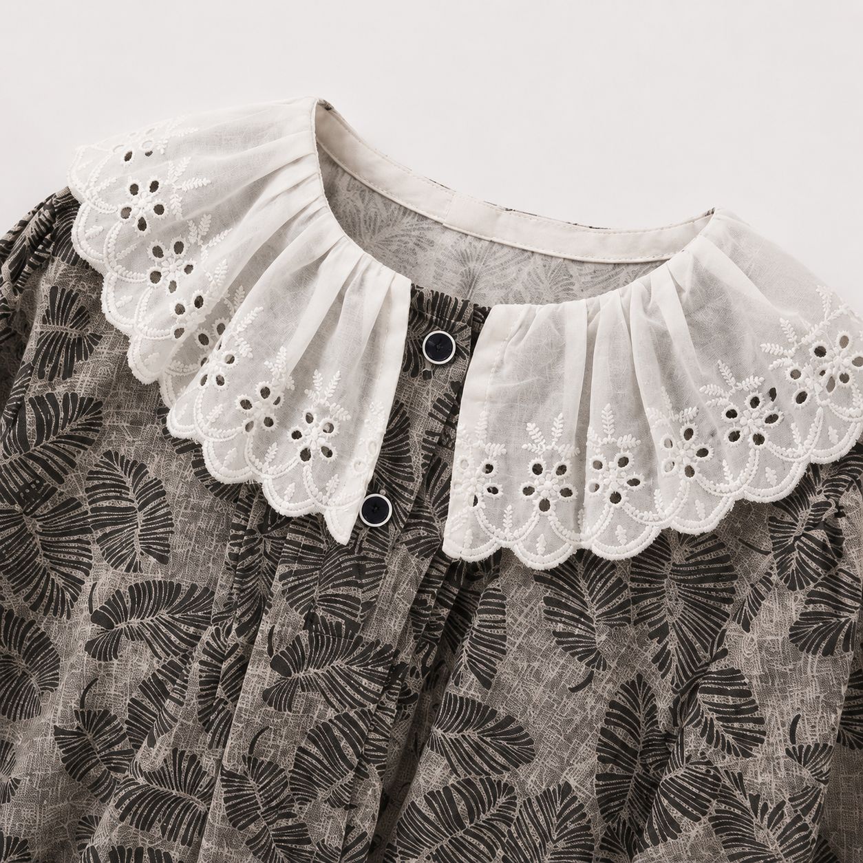 Grey Floral Blouse with Lace Ruffle Collar
