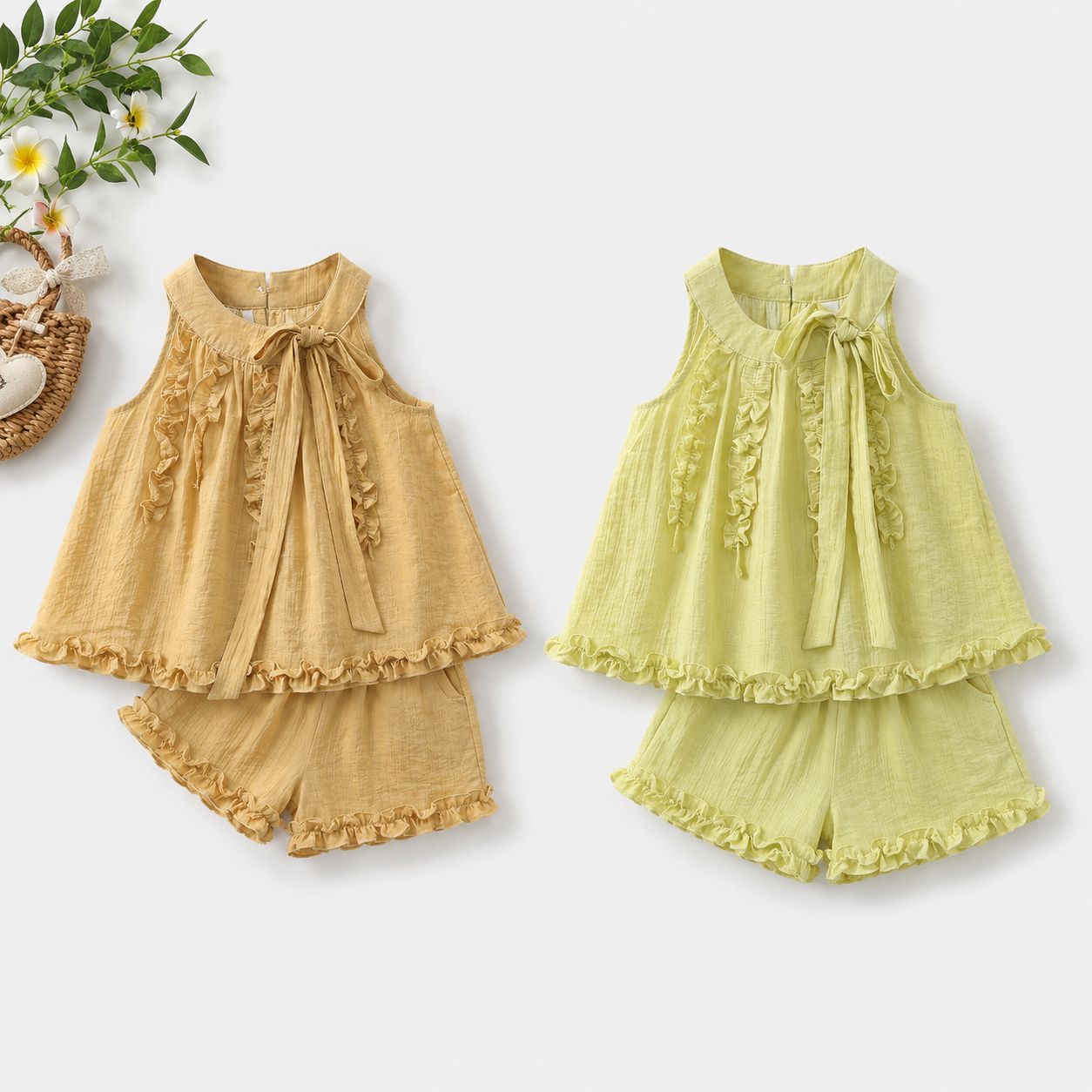 Lace Collar Ruffle Top, Beige & Yellow