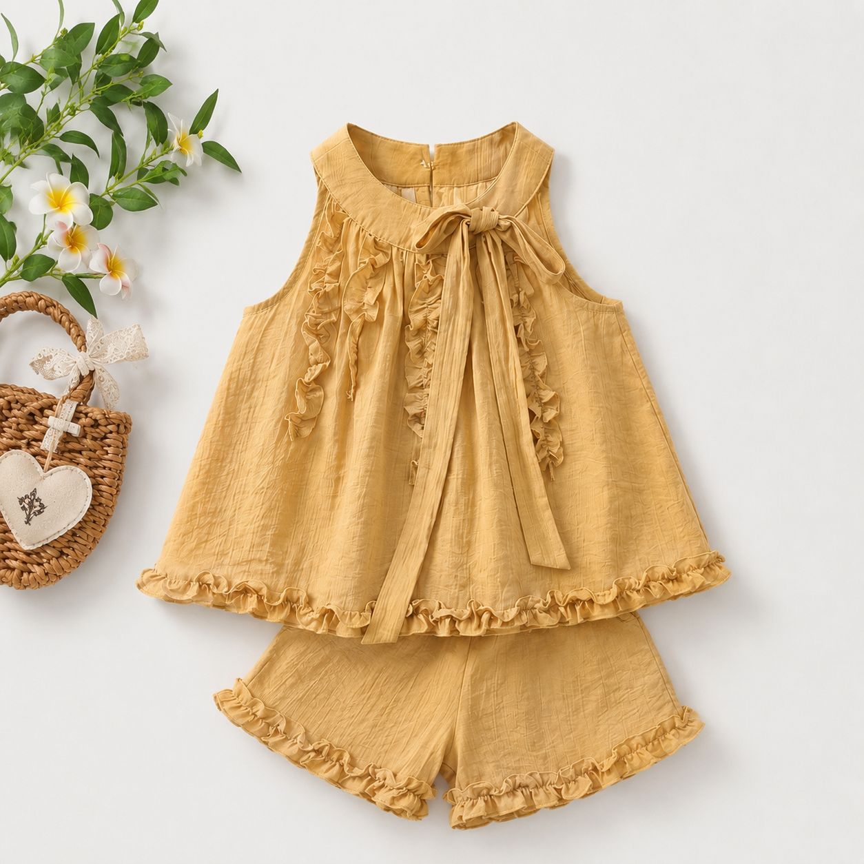 Lace Collar Ruffle Top, Beige & Yellow
