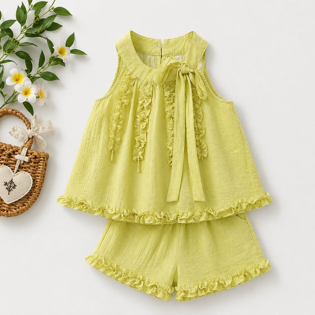 Lace Collar Ruffle Top, Beige & Yellow