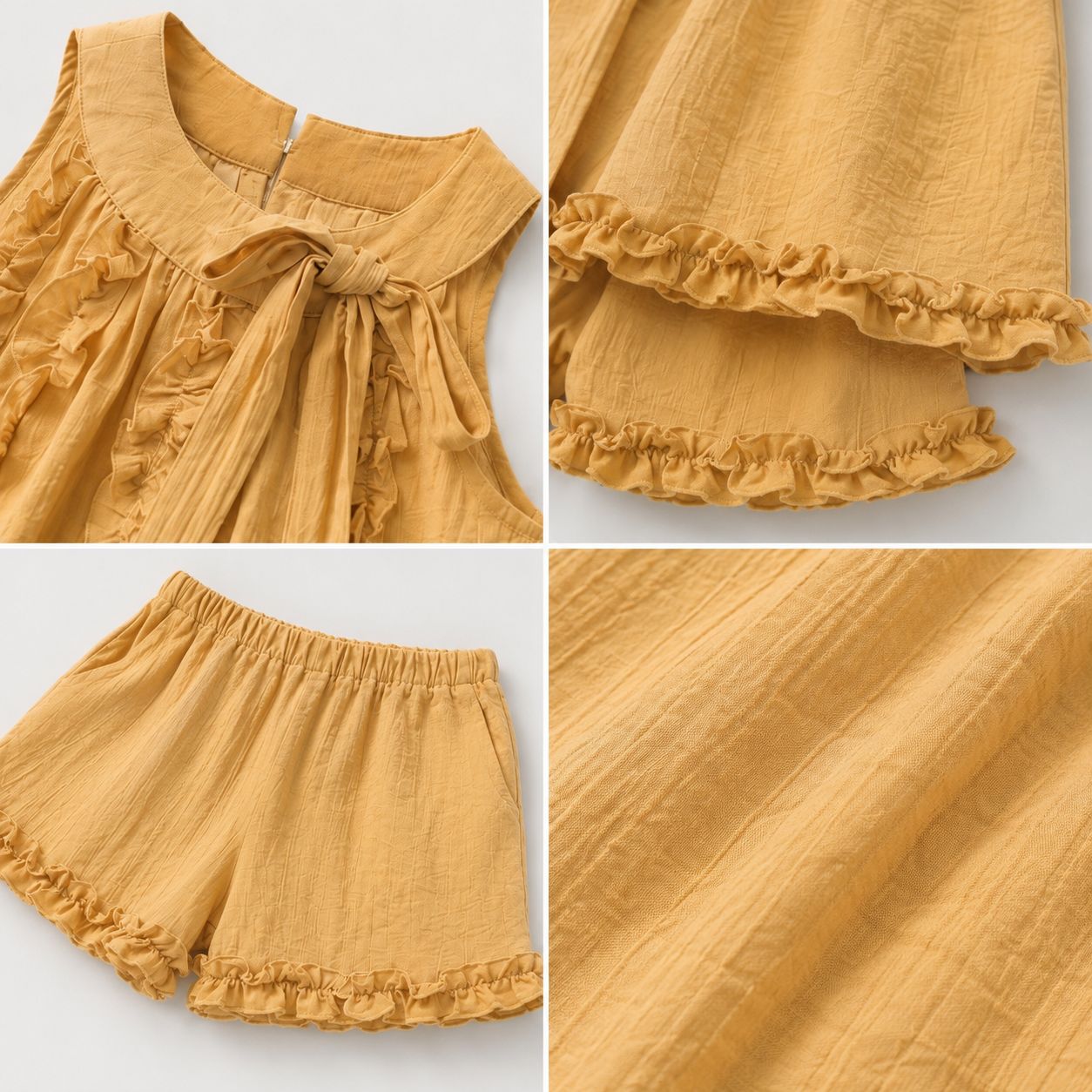 Lace Collar Ruffle Top, Beige & Yellow