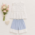 White Eyelet Lace Top & Blue Shorts Set