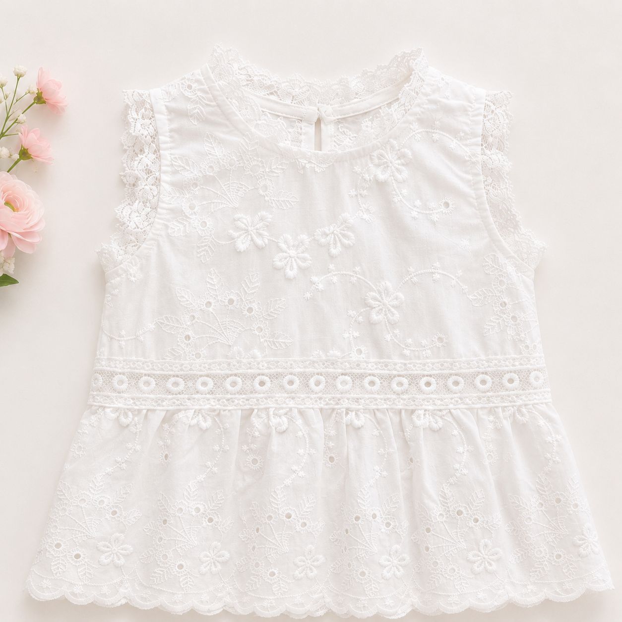 White Eyelet Lace Top & Blue Shorts Set