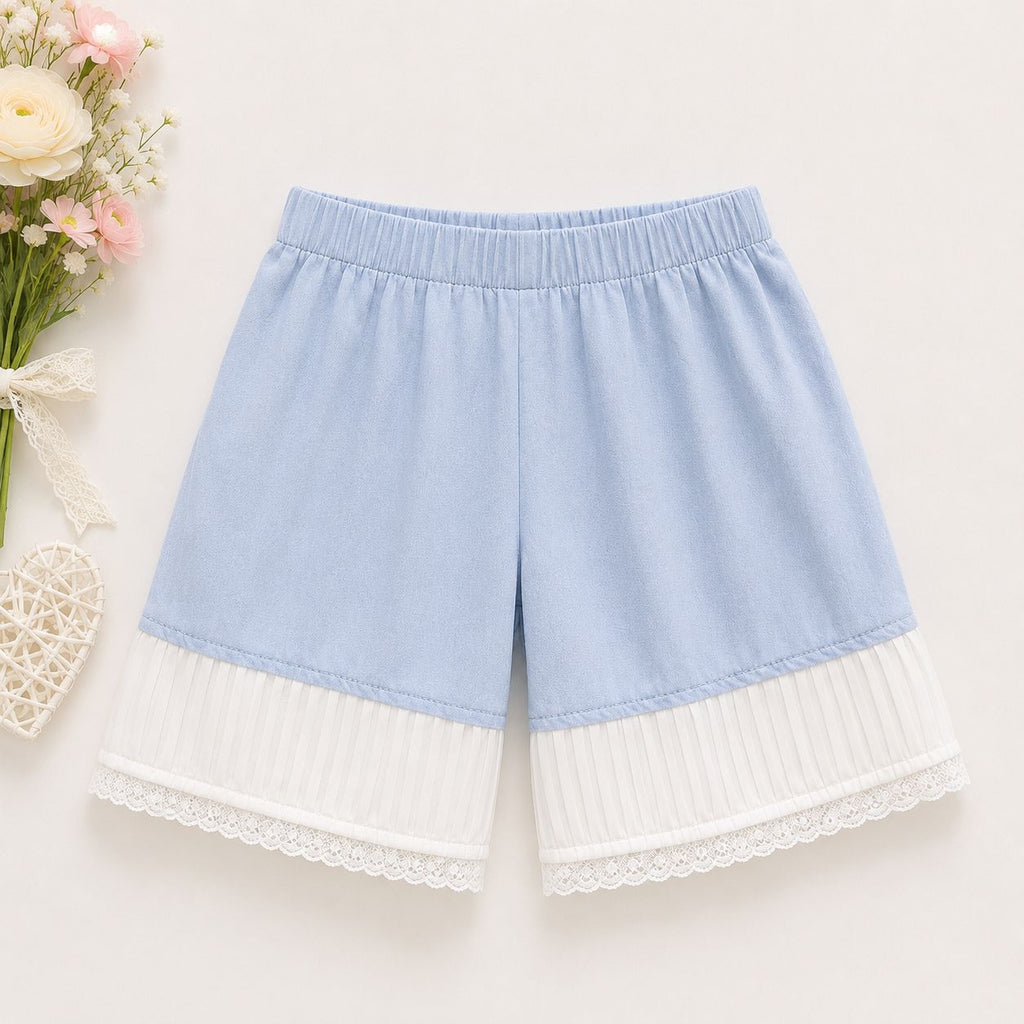 White Eyelet Lace Top & Blue Shorts Set