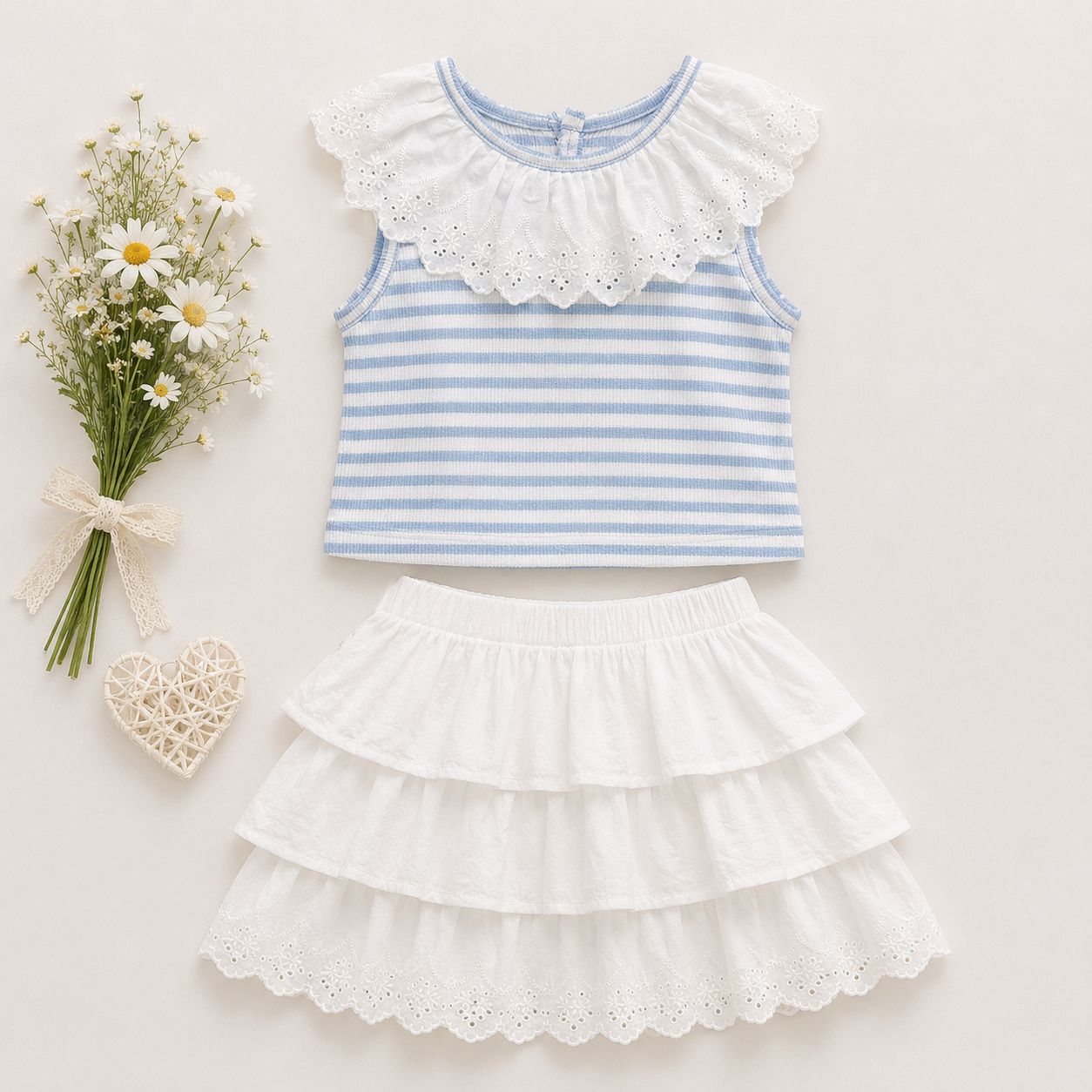 White Ruffle Top & Striped Shorts Set