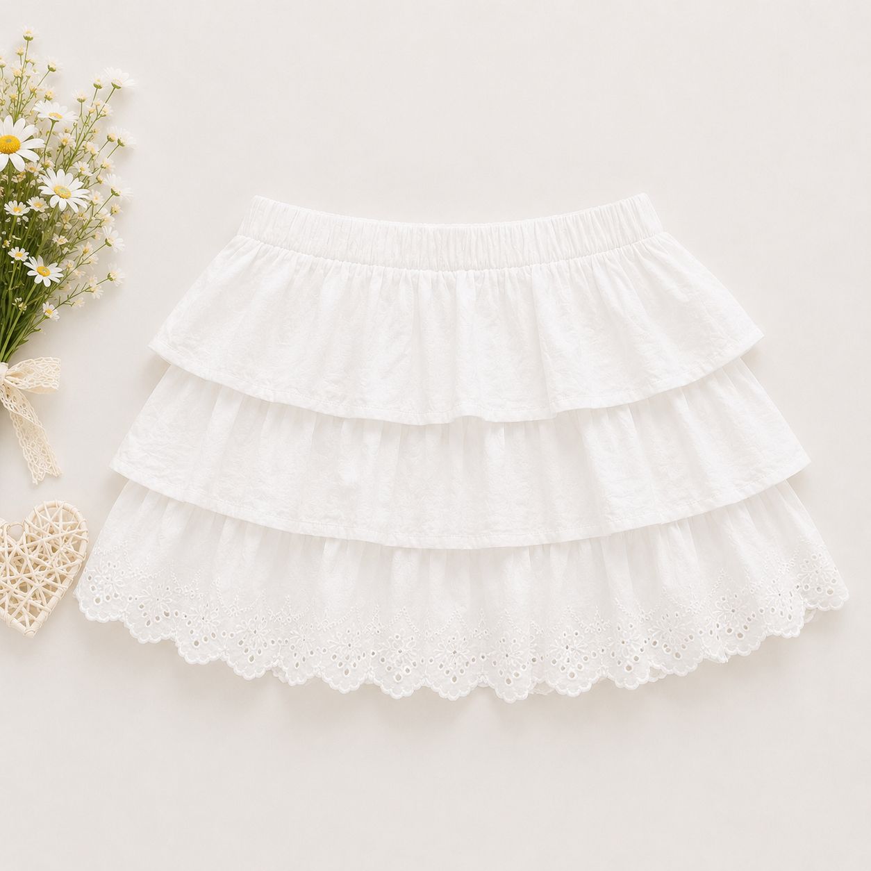 White Ruffle Top & Striped Shorts Set