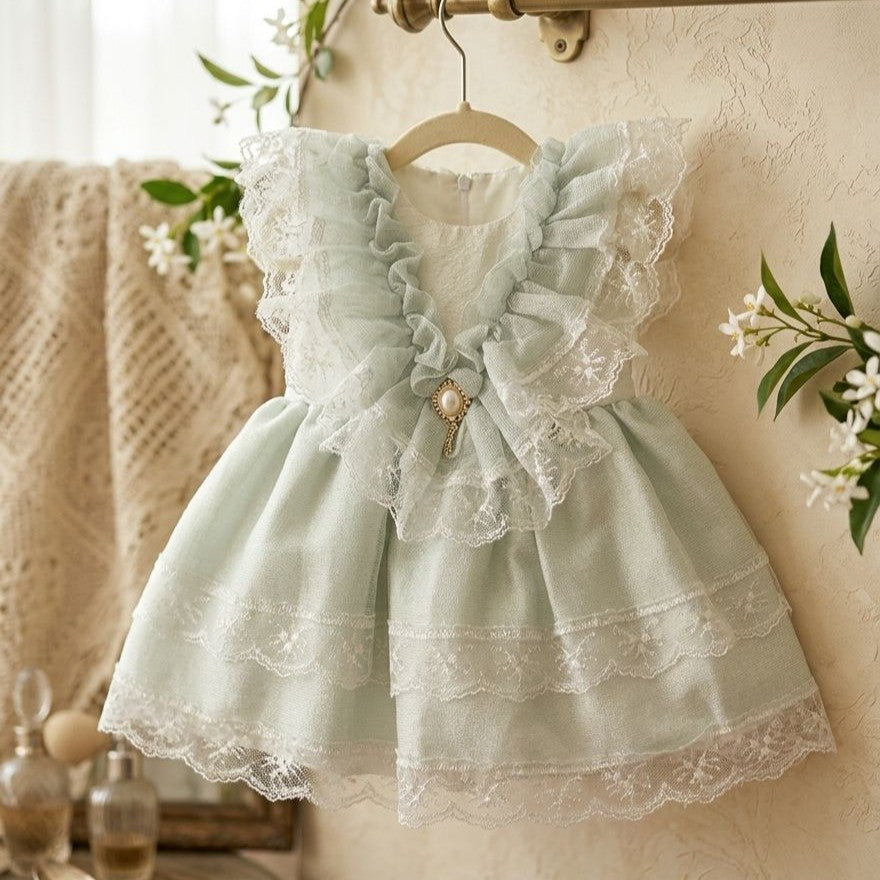Icy Mint Pearl & Lace Tiered Party Dress