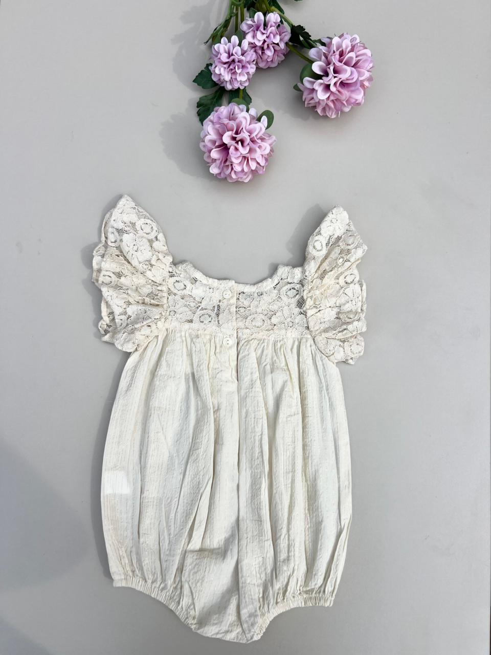 Cream Textured Lace Bow Romper