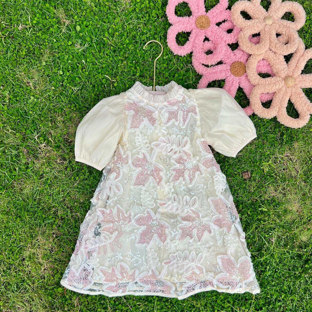 Baby Girl 3D Floral Sequin Overlay Dress with Chiffon Puff Sleeves