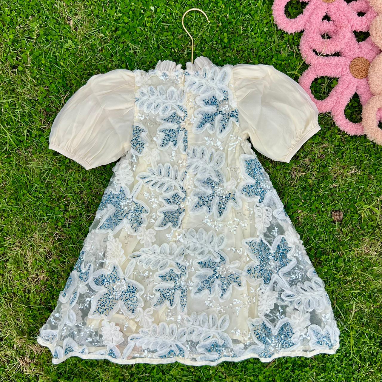 Baby Girl 3D Floral Sequin Overlay Dress with Chiffon Puff Sleeves