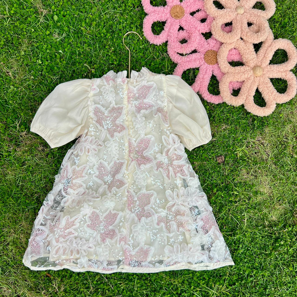 Baby Girl 3D Floral Sequin Overlay Dress with Chiffon Puff Sleeves