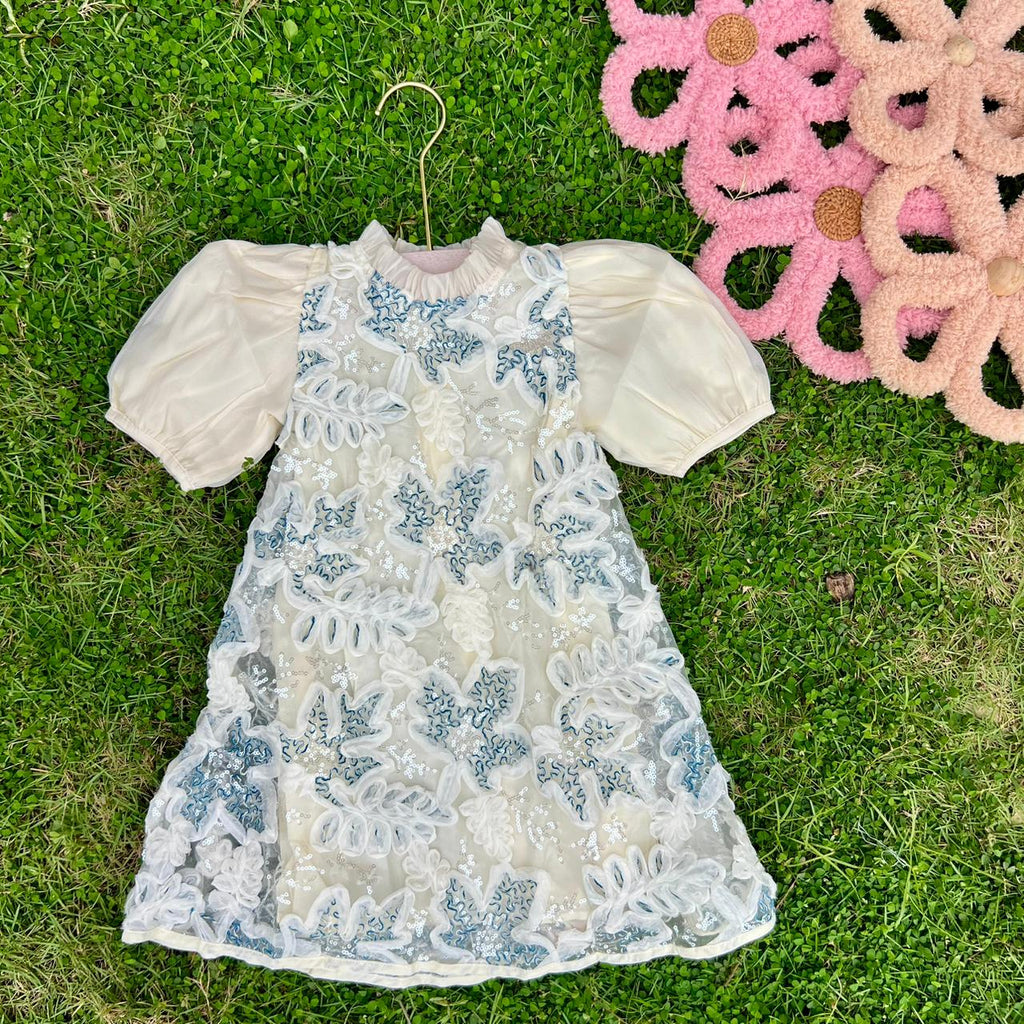 Baby Girl 3D Floral Sequin Overlay Dress with Chiffon Puff Sleeves