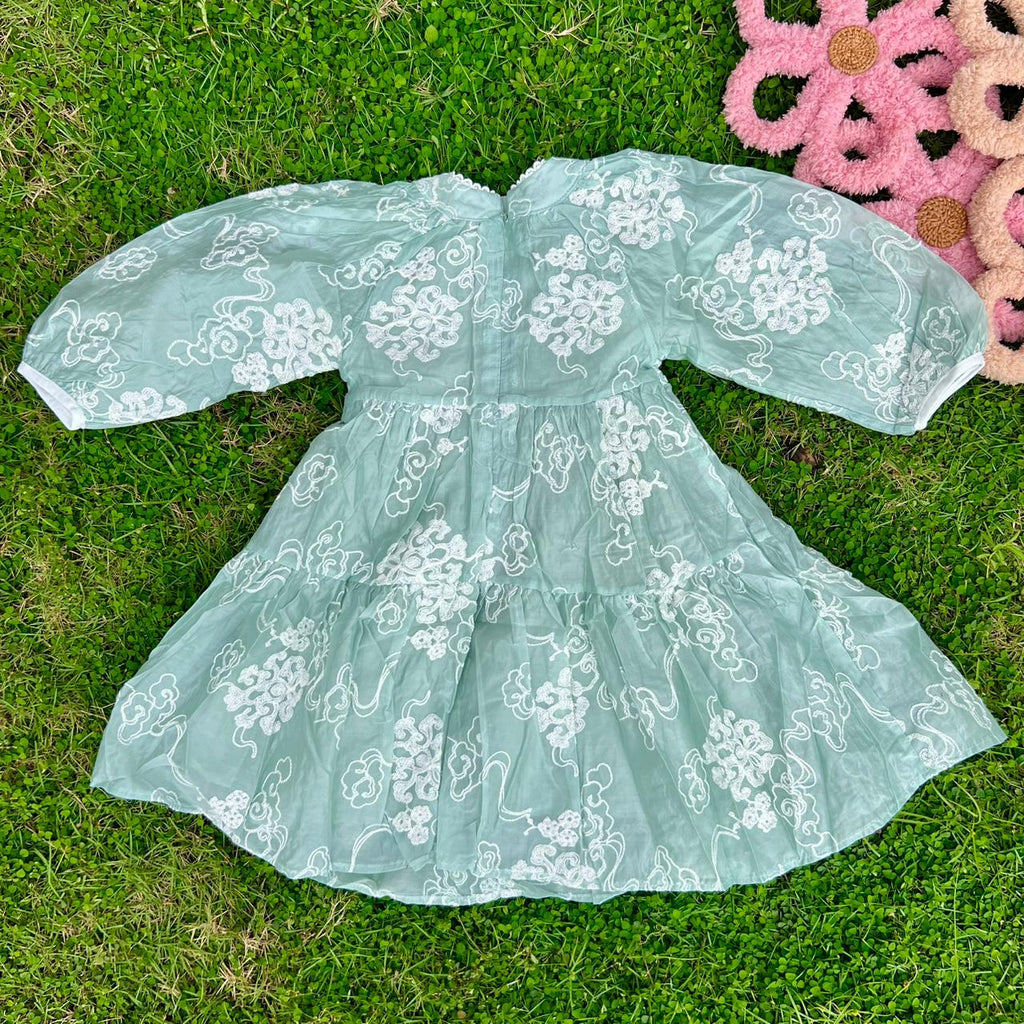 Ethereal Organza Tiered Dress with White Cloud Embroidery