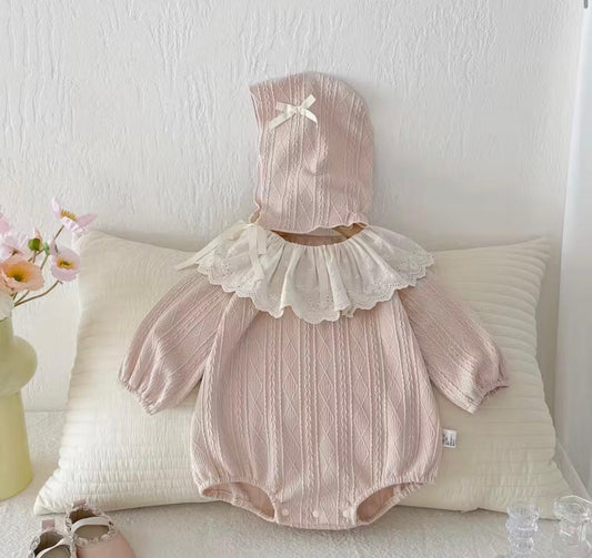 Blush Pink Long Sleeve Baby Girl Romper with Lace Collar & Bonnet