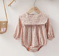 Peach Floral Baby Romper with Lace Yoke | Premium Baby Girl Partywear