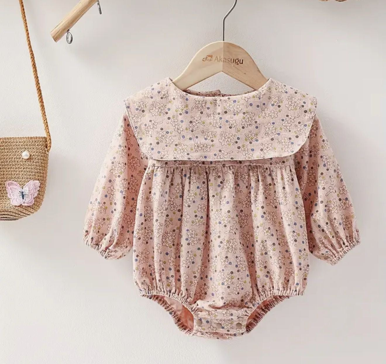 Peach Floral Baby Romper with Lace Yoke | Premium Baby Girl Partywear