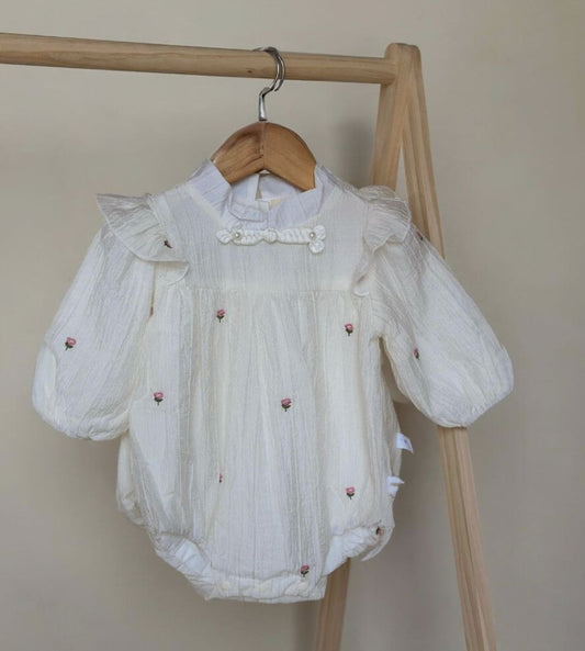 White Embroidered Baby Romper with Ruffle Collar | Premium Baby Girl Wear