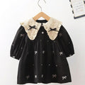 Black Embroidered Party Dress with Lace Collar